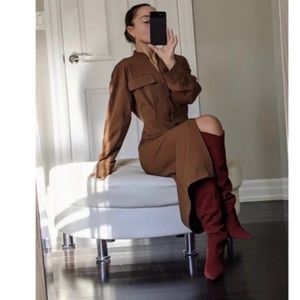 Zara Brown long sleeves midi shirt dress size S